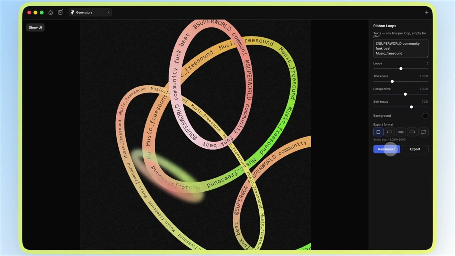 The Ribbon Loops generator in Charlota Kolar Blunarova's Interactive Visual Generators: coloured ribbons carrying text loop across a black canvas, with the tool's controls for loops, thickness, perspective and soft focus in a panel on the right