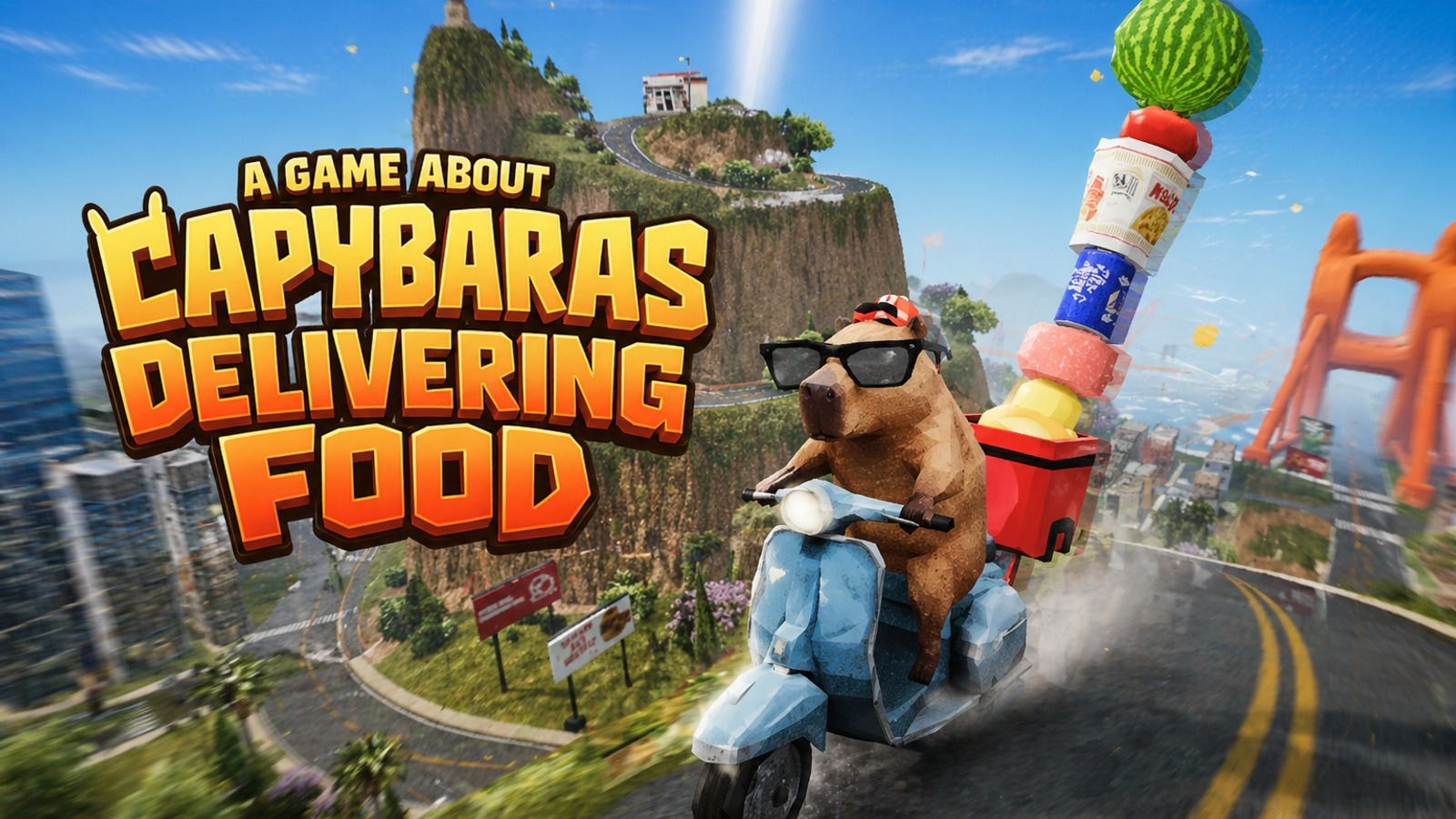 A capybara rides a blue scooter with a tall stack of groceries beside the game's bright orange title