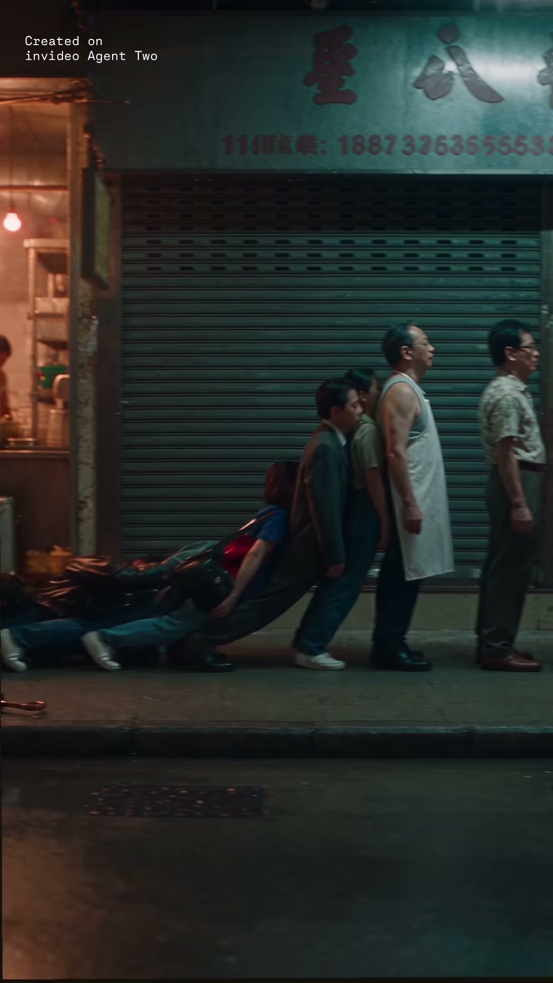 A chain of people falling into each other on a wet night street in The Human Domino by Vishal Balsara