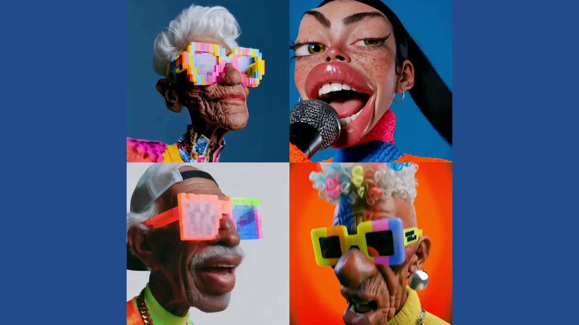Four exaggerated caricature performers in bright pixel glasses share a four-way grid in Mini'maxxing Midjourney by Rory Flynn