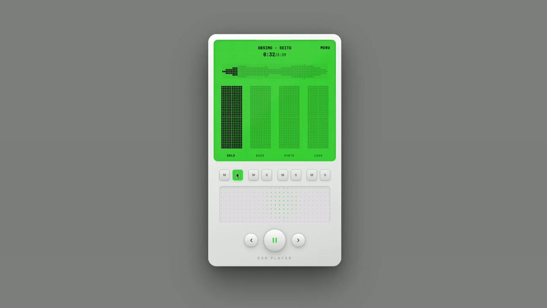 OSR Player white handheld-style casing with bright green stem display and individual track controls, from the creator demo.