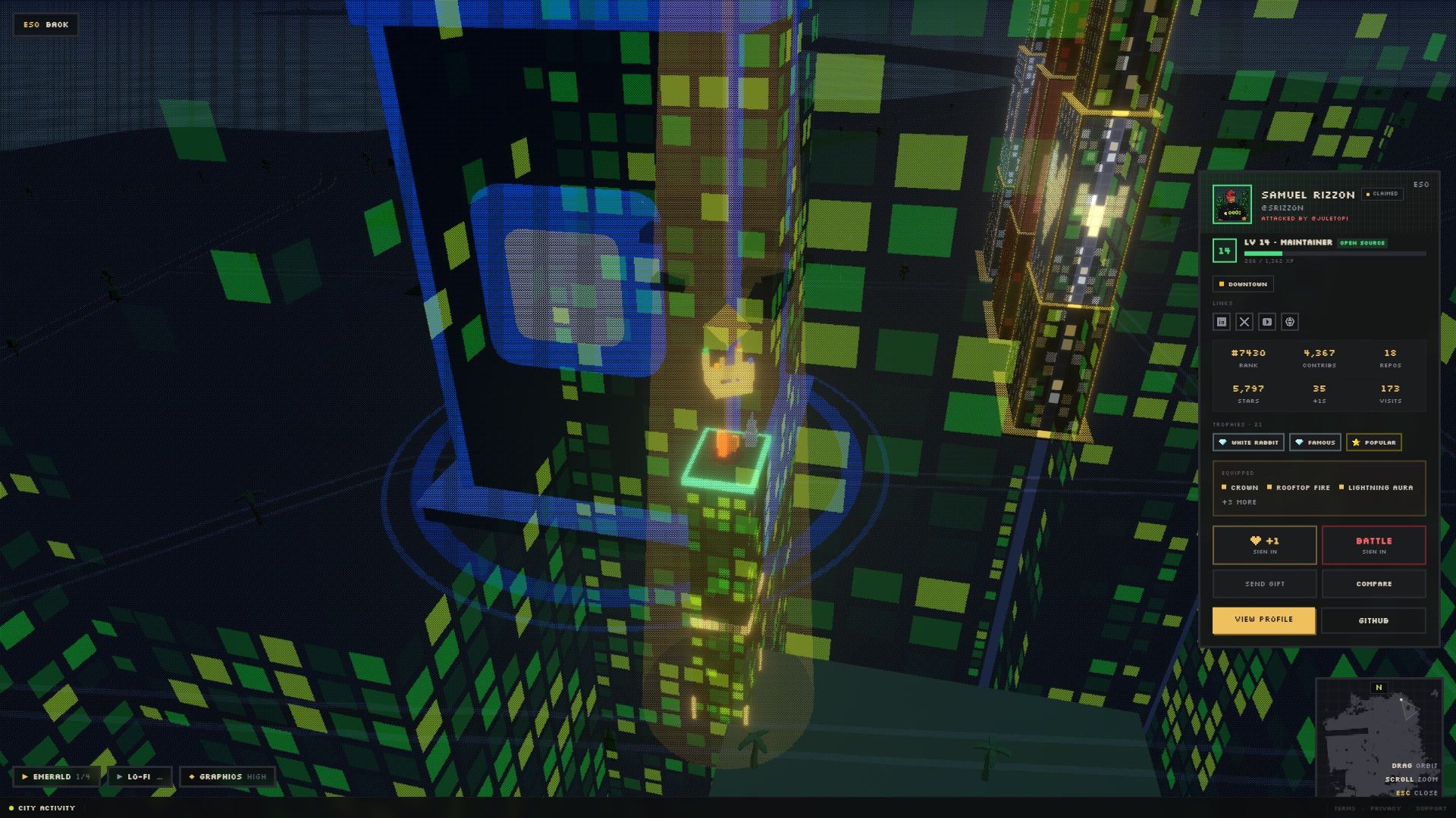 Samuel Rizzon's own glowing pixel-art building in Git City, with his developer profile card open beside it