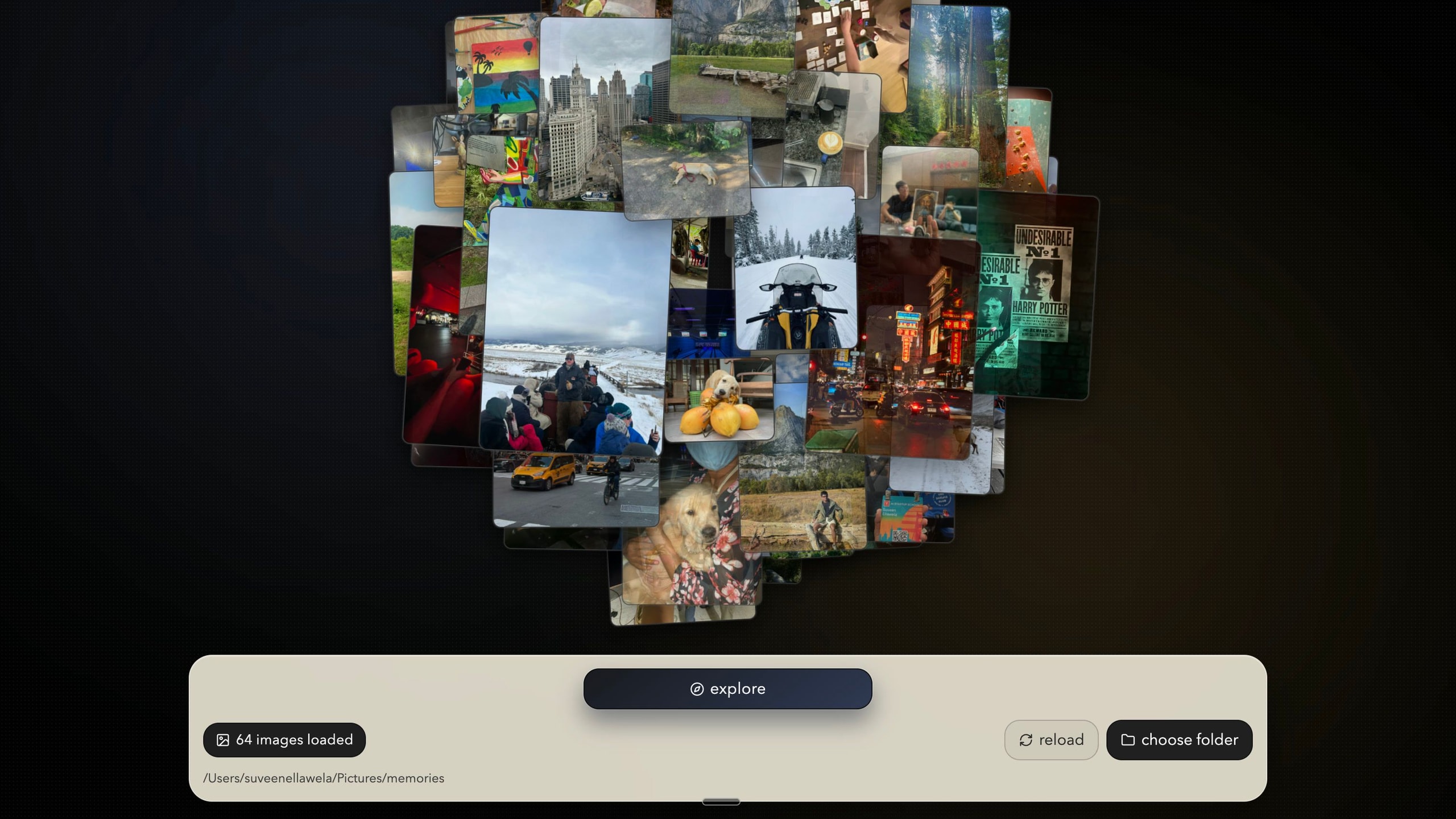 The Timefold start screen: dozens of the creator's own photographs floating as a cluster of small rectangles in a dark window, above a cream control bar reading 64 images loaded, with an explore button and the folder path Pictures/memories